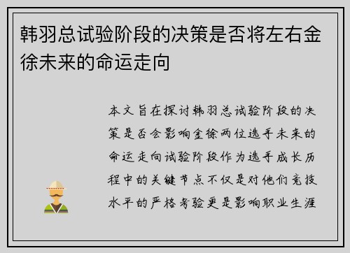 韩羽总试验阶段的决策是否将左右金徐未来的命运走向