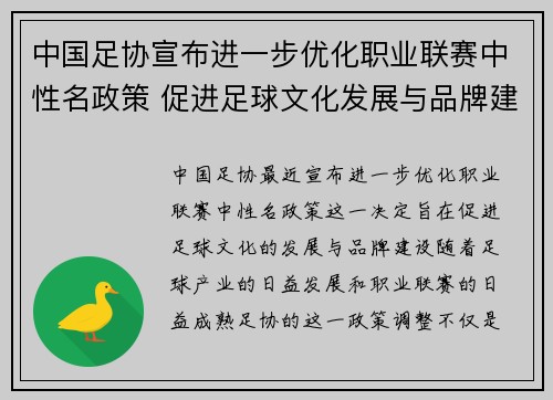 中国足协宣布进一步优化职业联赛中性名政策 促进足球文化发展与品牌建设