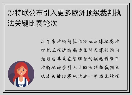 沙特联公布引入更多欧洲顶级裁判执法关键比赛轮次 沙特联公布引入更多欧洲顶级裁判执法关键比赛轮次