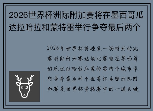 2026世界杯洲际附加赛将在墨西哥瓜达拉哈拉和蒙特雷举行争夺最后两个名额 2026世界杯洲际附加赛将在墨西哥瓜达拉哈拉和蒙特雷举行争夺最后两个名额